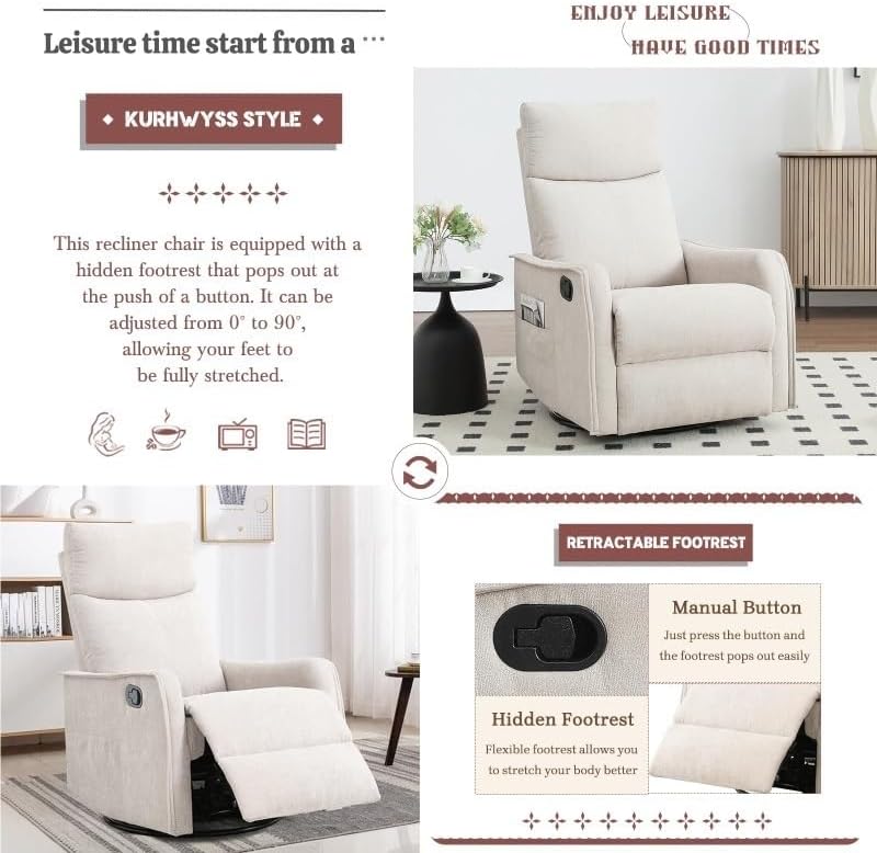 Rocking Recliner Chair with Heat and Massage Modern 360 Swivel Glider Chairs Reclining Backrest and Footrest for Adults Bedroom Living Room Office