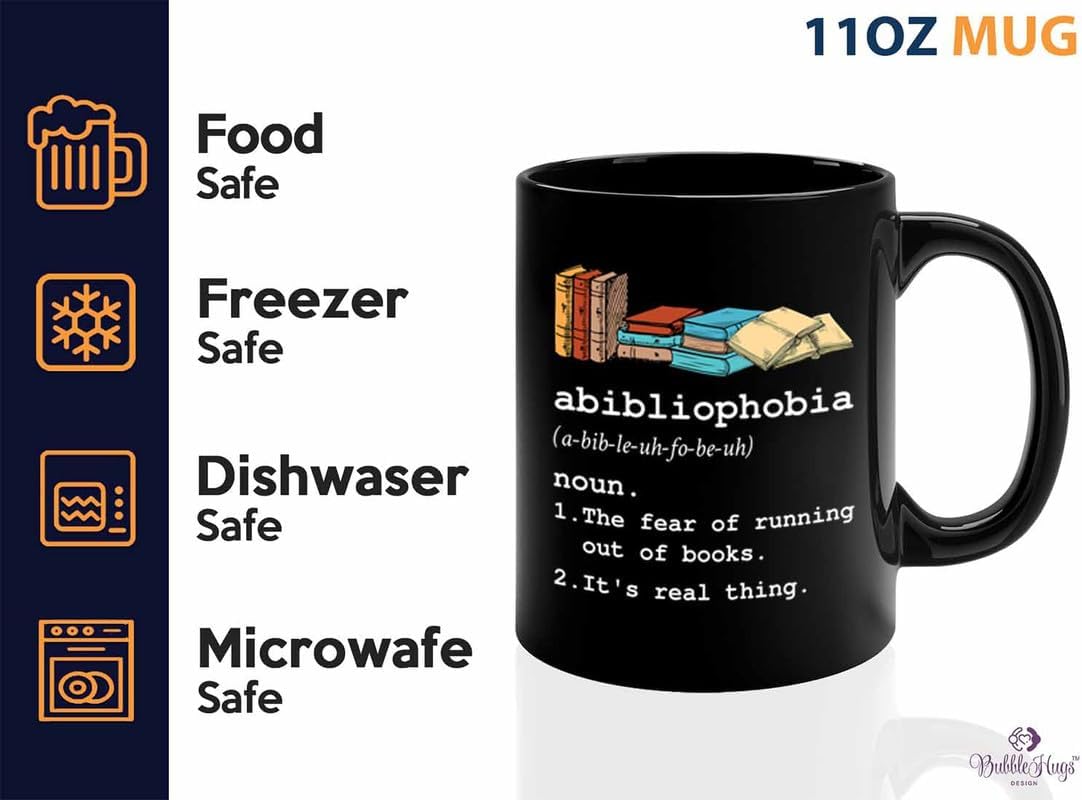Reading Coffee Mug 11oz Black - Abibliophobia Definition - Reader Gift Bookworm Owl Lover Cat Lover Book Lover Novelist Librarian Writer