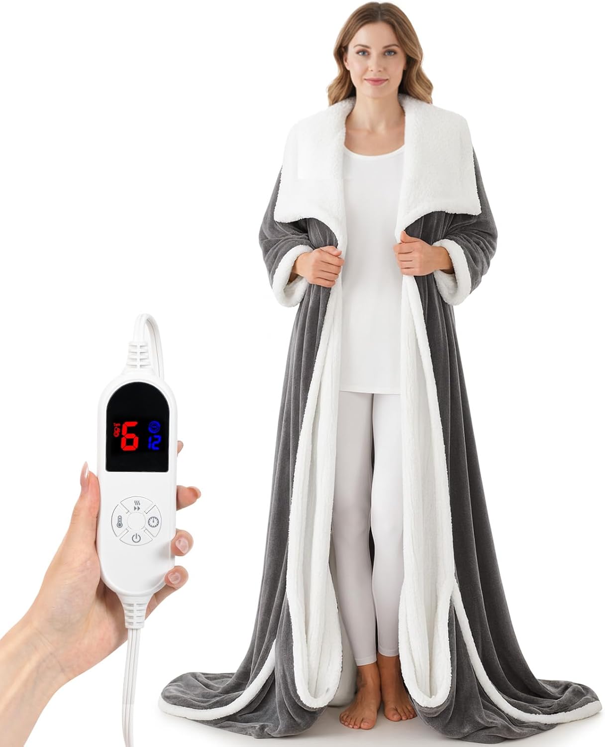 DAILYLIFE Wearable Heated Blanket with Foot Pocket, 52"x72" Electric Blanket with Sleeves for 6 Heat Settings, 12 Hours Timer, Flannel & Sherpa, Charcoal