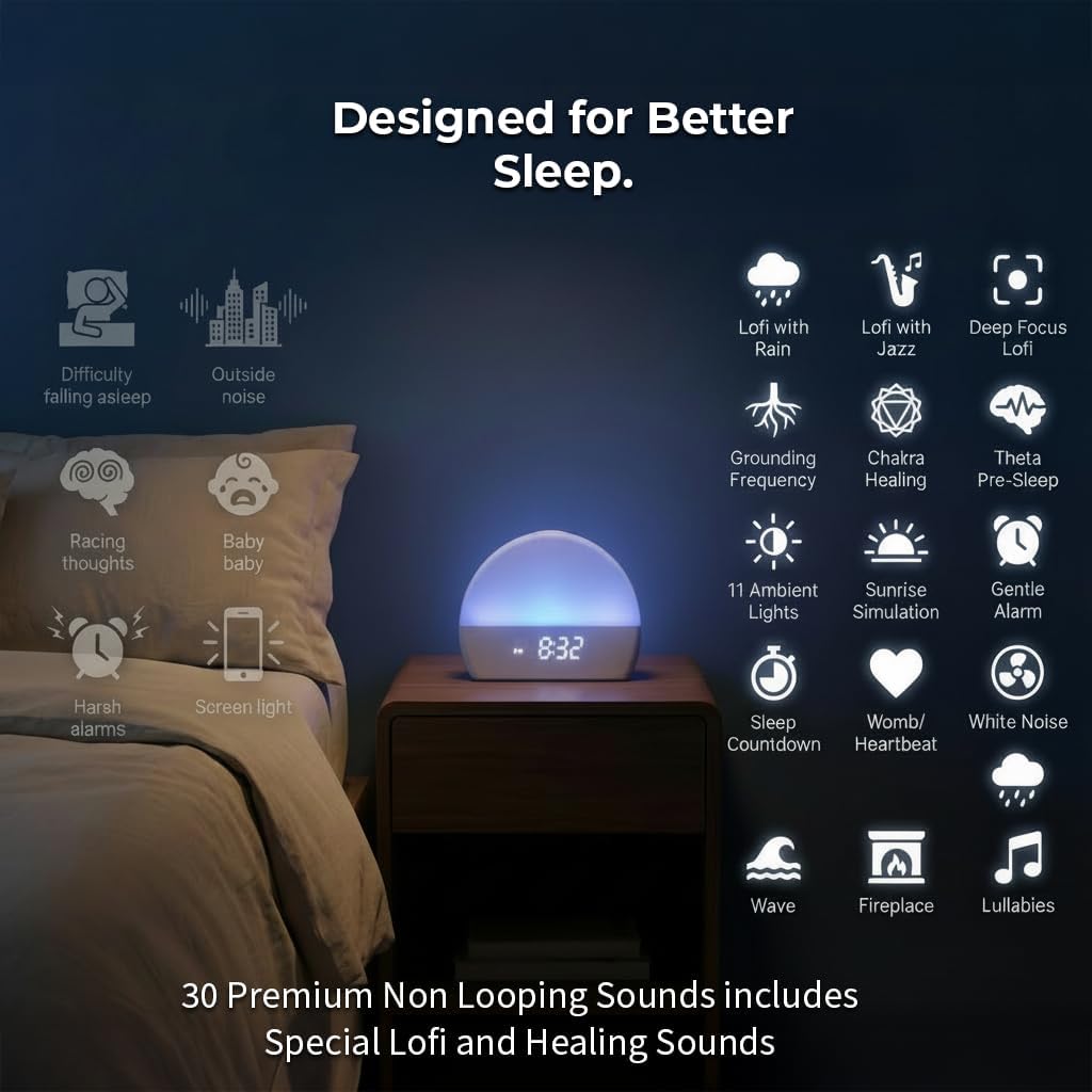 White Noise Sound Machine Sunrise Alarm Clock – 30 Non-Looping Soothing Sleep Sounds with LoFi and Healing Music| 10-Color Ambient Light & Sunlamp | No App Screen Free Sleep for Baby Adults Kids