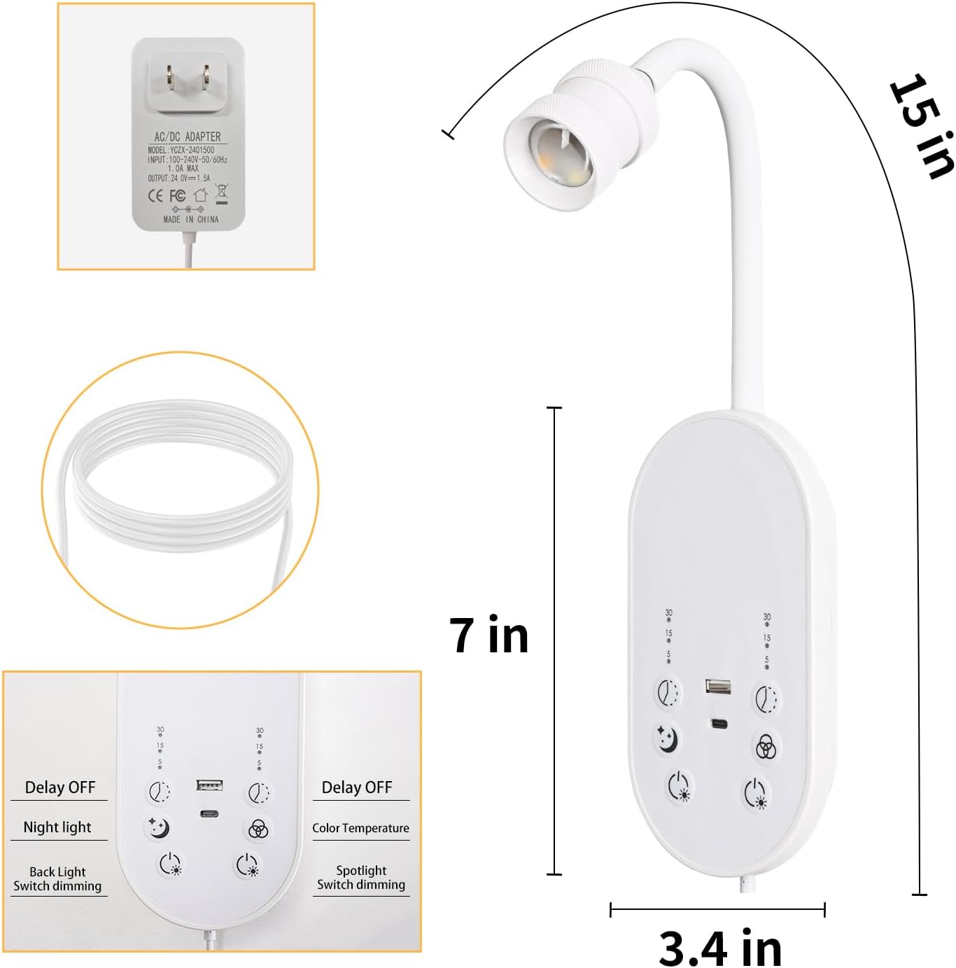 LED Wall Mounted Reading Light for Bed, Book Light for Reading with Touch Control, Stepless Dimmable, Flexible Gooseneck Bed Light with USB C+A, Night Light & Timers Function (White)