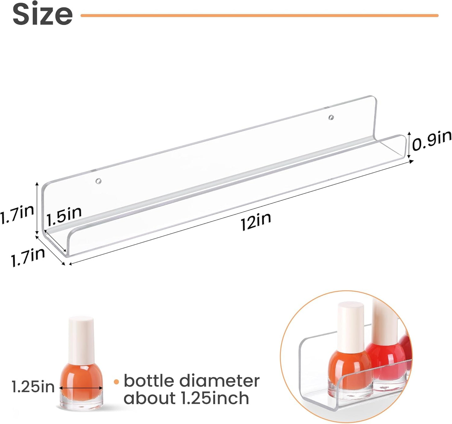 upsimples 6 Pack Clear Acrylic Shelves, 1.7" x12" Clear Wall Shelves for Nail Polish, Vinyl Wall Mount, Record Holder, Magazine Rack, Comic Display, Picture Ledge Shelf Décor