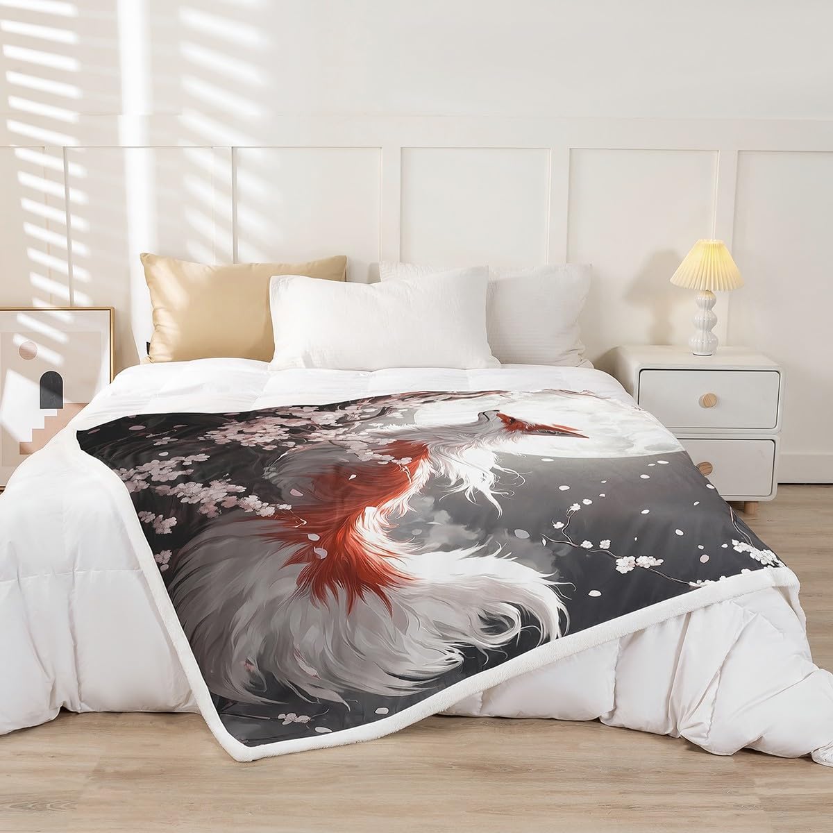 Manfei Japanese Fox Kids Throw Blanket,Japan Ukiyoe Cherry Blossom Moonnight Bed Blanket for Boys Girls,Wild Animal Retro Fleece Blanket,Grey White Fuzzy Blanket,Queen Size (90 x 90 Inches)