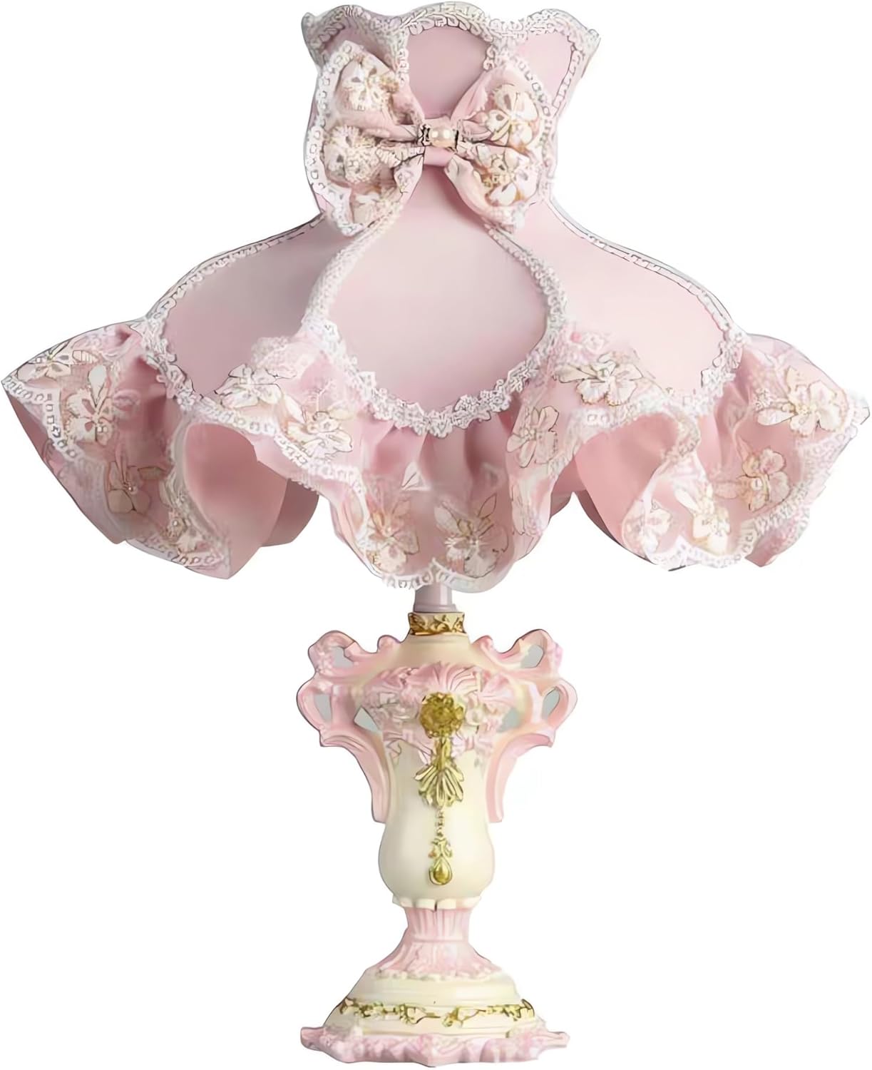 European Princess Pink Table Lamp with Fabric Shade, Resin Carved Base Bedside Nightstand Light, Vintage Romantic Bedroom Nursery Study Vanity Living Room Wedding Decor Lighting