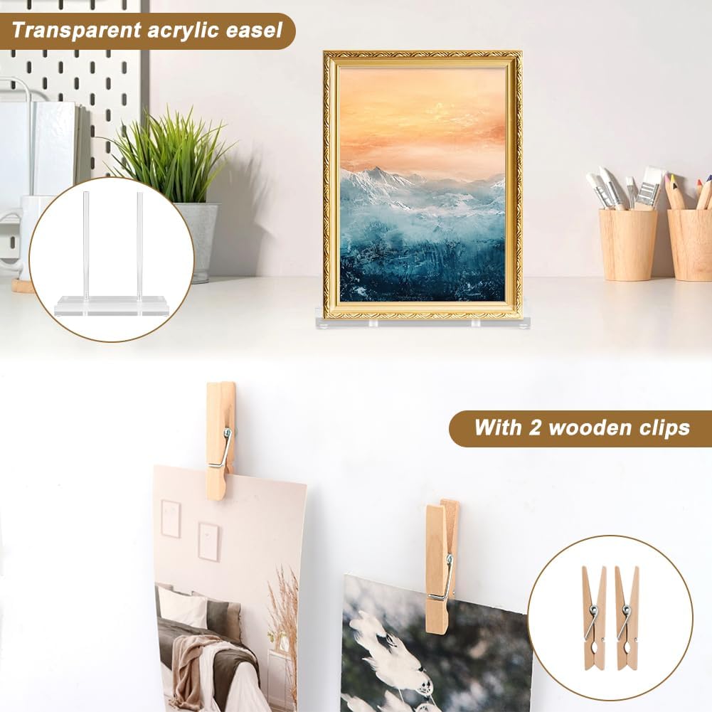 Acrylic Display Stand Set, Tabletop Book Art Display Holder Clear Easel Stand Artwork Storage Rack with Wood Mini Clips for Picture Frame Photo Decorative Plate Record Magazine(COLOR:Transparent)