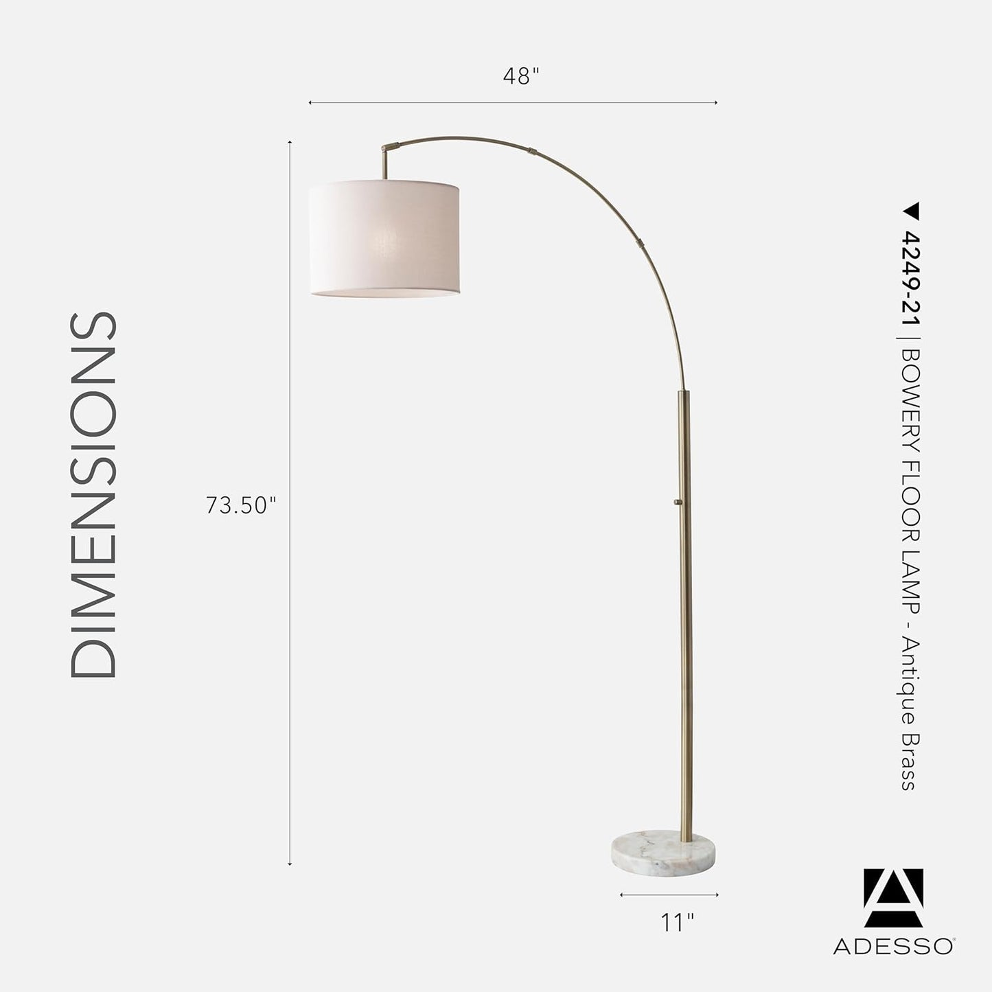 Adesso Arc Floor Lamp with Marble Base and Off-White Linen Lampshade – Adjustable Overhead Bedroom, Home Office Lighting, or Living Room Decor, 73.5” x 48”