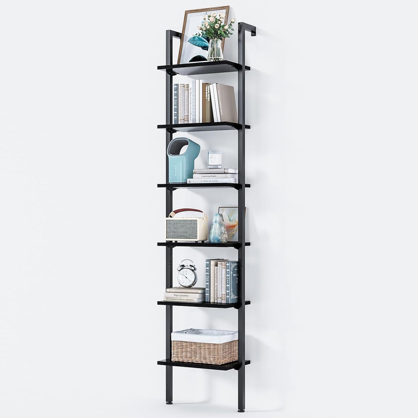 ODK 6-Tier Ladder Shelf, Book Shelf with Metal Frame, Bookcase for Living Room, Home Office, Kitchen & Bedroom, Space Saving Freestanding Organizer Rack, Black (10" D x 24" W x 87" H)