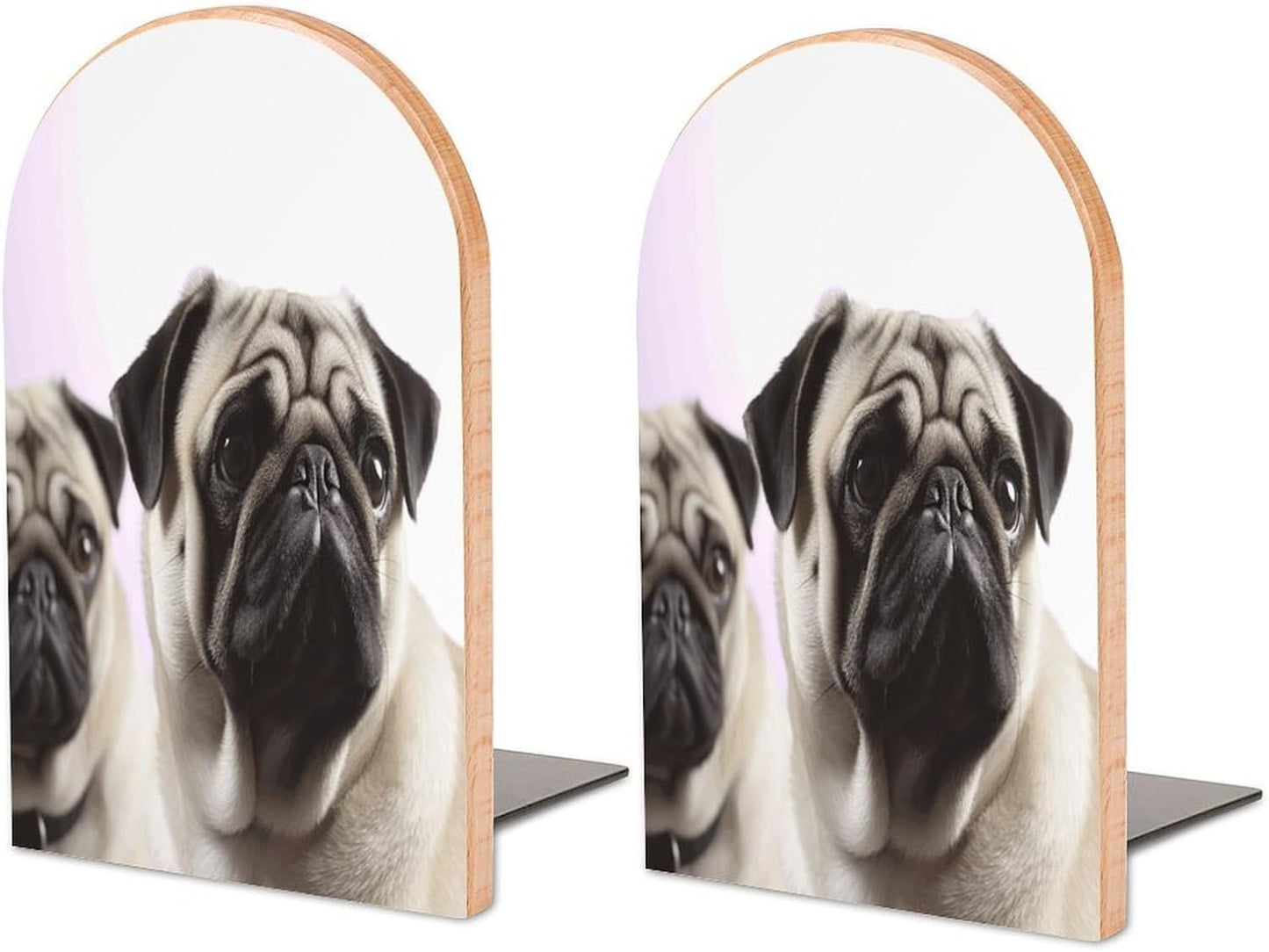 Pug Dog Bookend for Shelves Wooden Book End Large Size Sturdy Book Holders Stoppers with Metal Base for Bookshelves Slick Decorative Bookends Stands