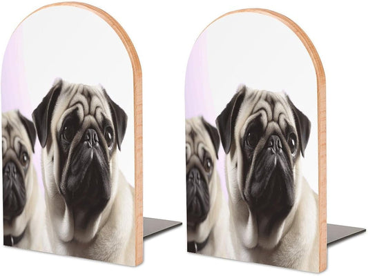 Pug Dog Bookend for Shelves Wooden Book End Large Size Sturdy Book Holders Stoppers with Metal Base for Bookshelves Slick Decorative Bookends Stands