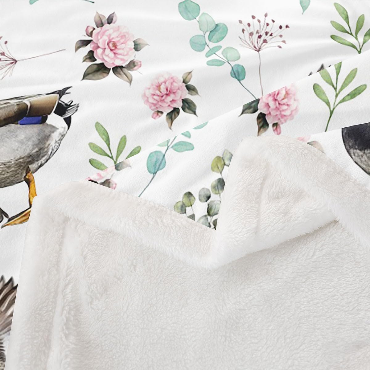 Erosebridal Mallard Duck Blanket Pink Floral Flowers Throw Blanket Throw Green Plants Leaf Fleece Blanket Country Minimalist Sherpa Blanket for Kids Girls Women Gift Decor