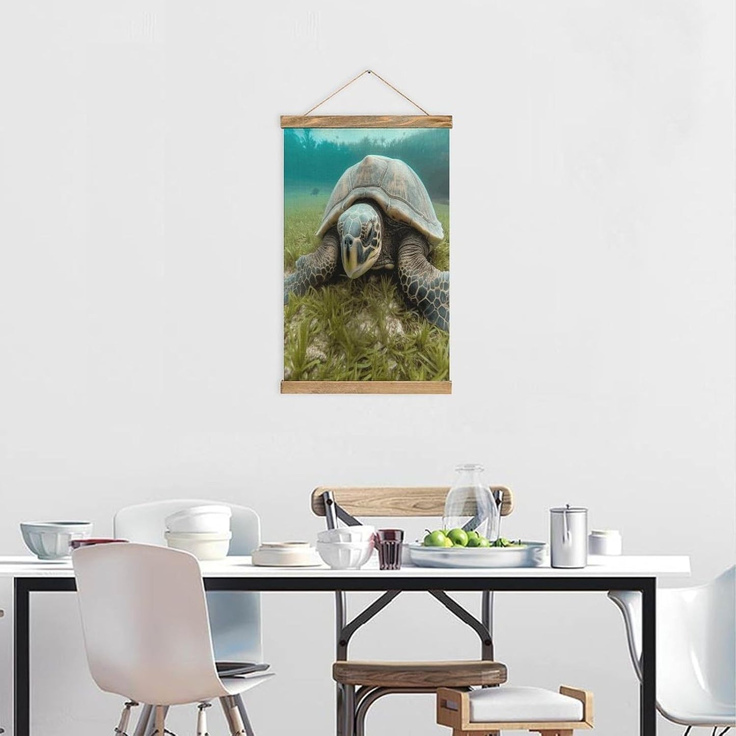 Vintage Big Tortoise Poster with Wooden Frame Personalized Linen Hanging Scroll Painting Rustic Wall Hanging Illustrative Modern Artwork Decor for Home Living Room Bedroom Office
