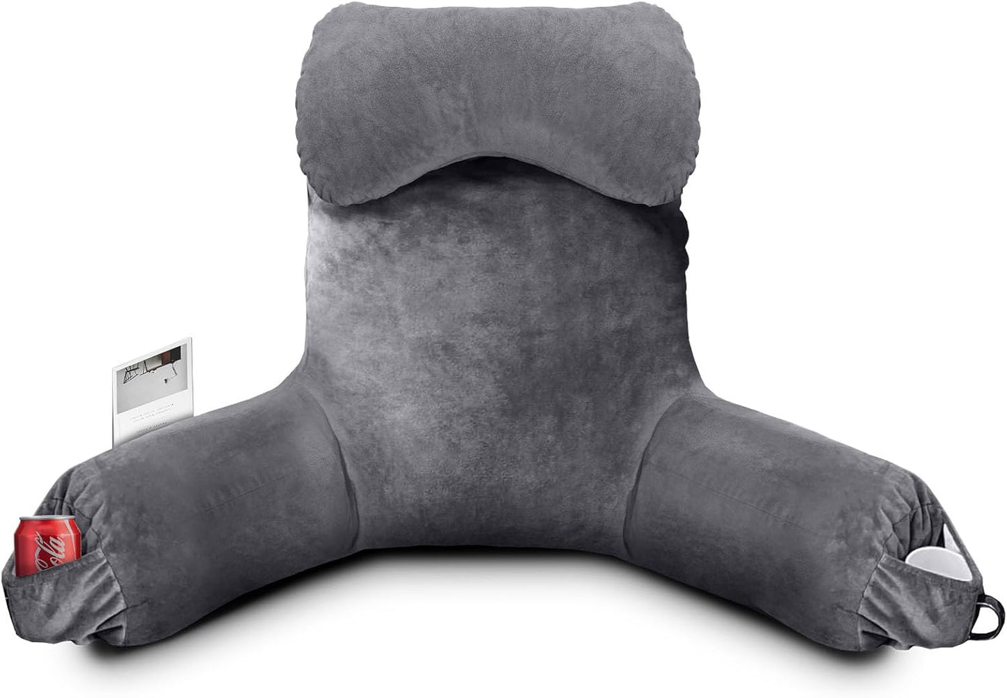 Reading Pillow for Sitting in Bed Adult, Bed Pillow with Shredded Memory Foam, 25''H Pillow with Detachable Neck Roll, Washable Cover, Back Pillow Sitting Up with Extend Arms, Gery