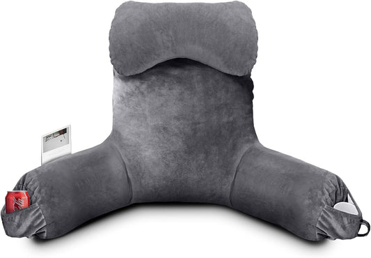 Reading Pillow for Sitting in Bed Adult, Bed Pillow with Shredded Memory Foam, 25''H Pillow with Detachable Neck Roll, Washable Cover, Back Pillow Sitting Up with Extend Arms, Gery