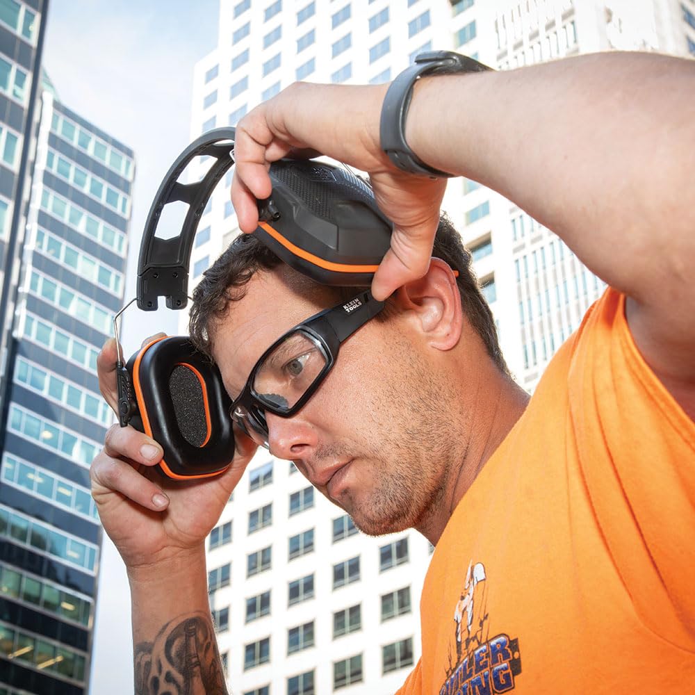 Klein Tools 60570 Hearing Protection Ear Muffs, NRR 27dB, Ultra-Slim Over-the-Head Adjustable Safety Earmuffs for Loud Jobsites