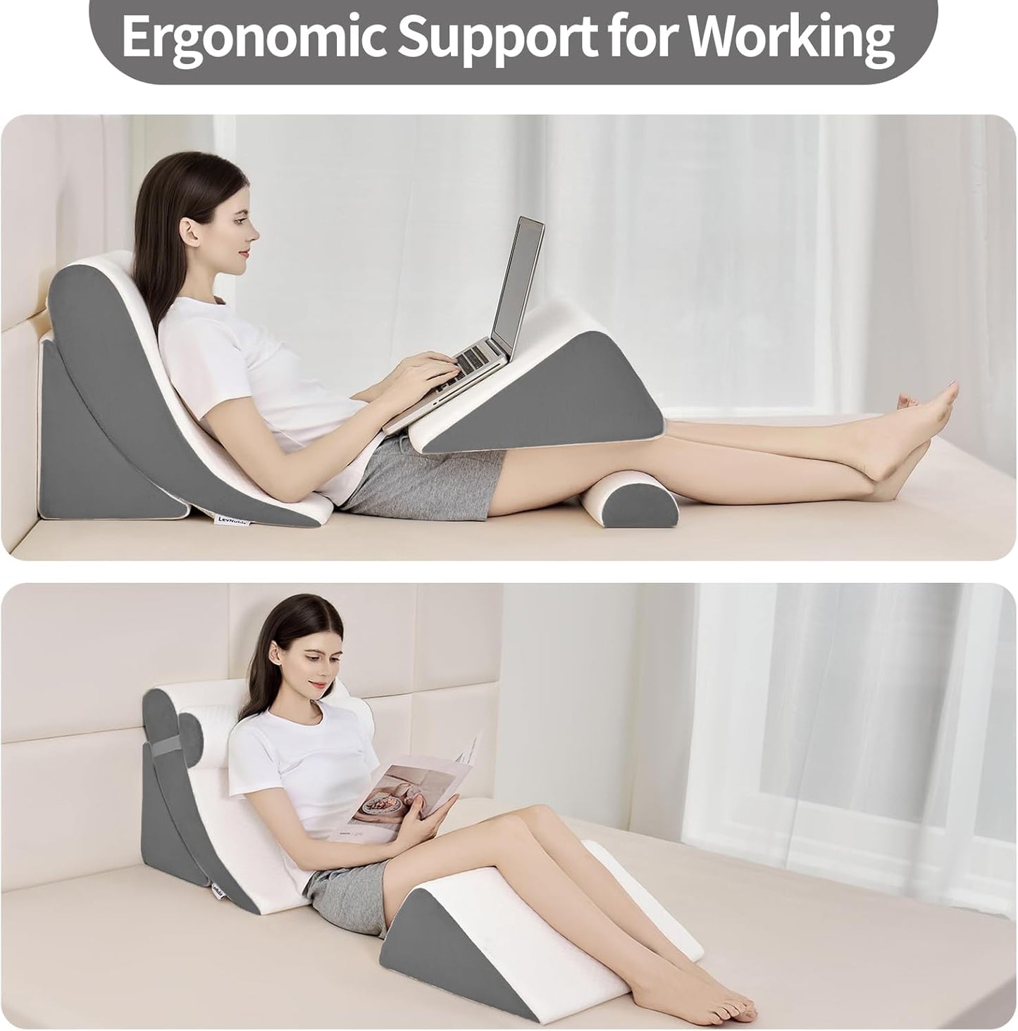 4PCS Orthopedic Bed Wedge Pillow Set for Post Surgery & Pain Relief, Adjustable Wedge Pillow for Back,Acid Reflux,Sitting up in Bed,Recovery,Snoring,Body Pillow for Sleeping (White/Dark Grey)