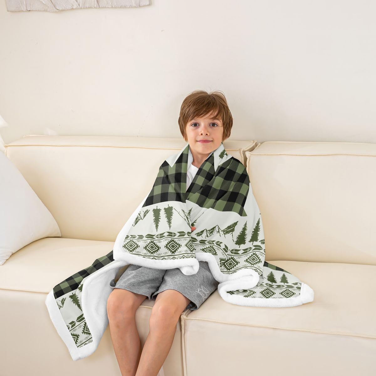 Feelyou Bear Sherpa Throw Blanket for Couch Rustic Cabin Country Super Soft Cozy Fleece Green Plaid Blanket for Winter, Plush Throw Baby 30"x40" All Season