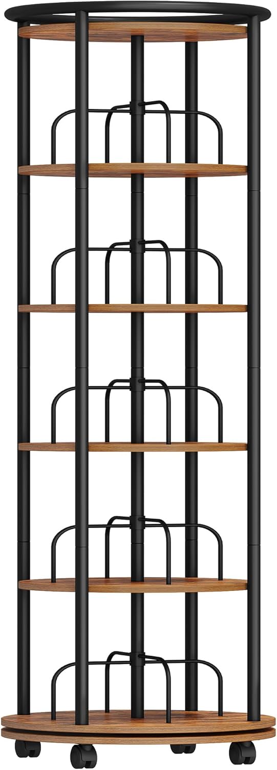 Rotating Bookshelf, 360° Spinning Bookshelf Tower, Display Revolving Bookcase, Round Book Shelf, Narrow Swivel Bookshelves for Small Space, Bedroom, Living Room, 6-Tier Rustic Brown, BC52101B