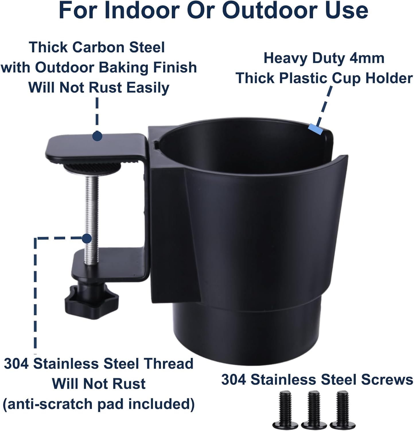 Universal Large Desk Cup Holder Clamp on, Heavy Duty Plastic Drink Holder for Table, Porch Swing, Patio Chair, Clip On Anti-Spill Bottle Holder for Most Cups, Bottles, Cans, Tumbles, Black, Pack of 1