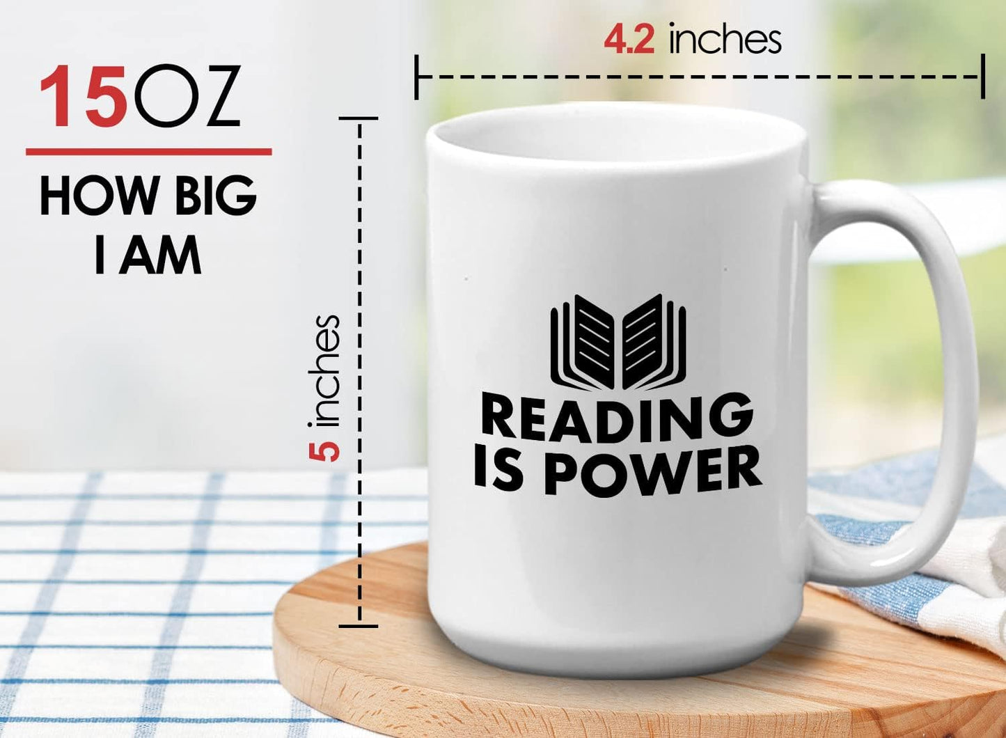 Book Lover Coffee Mug 15oz White - Reading is power - Literary librarian Literature Bookworm Historian Public Library Curator Bibliophile Bibliolater