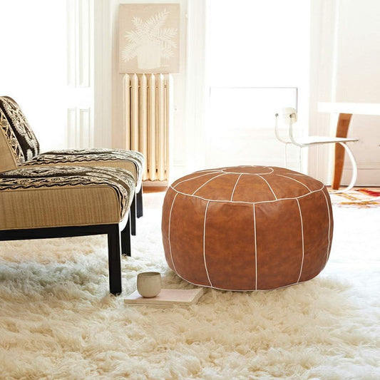 Decorative Pouf Foot Stool Round Unstuffed Leather Ottoman Cushion Storage seat or for Resting Your Feet on, Floor Chair Foot Living Room Bedroom Kids Room and Wedding (Brown)