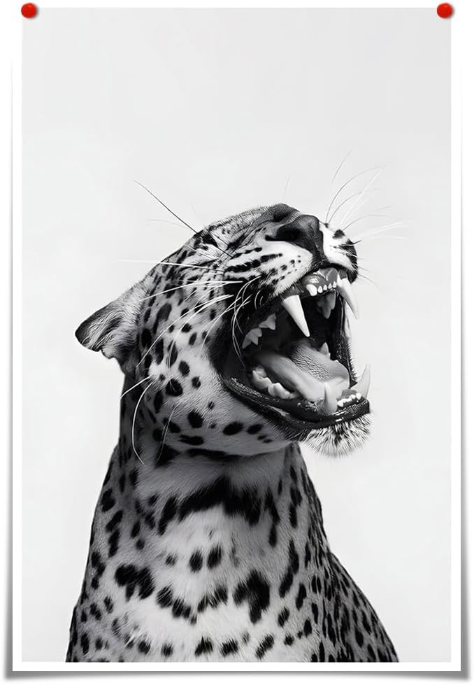 Funny Animal Posters Black and White Leopard Roaring Wall Art Vintage Cheetah Decor Trendy Print Canvas Eclectic Wildlife Aesthetic Prints for Living Room Bedroom Bathroom Poster 16x24in Unframed