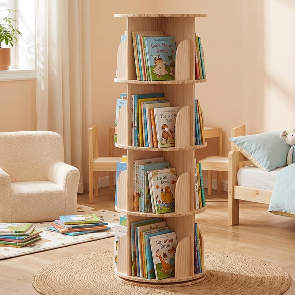 Solid Wood Rotating Bookshelf, 4-Tier 360° Spinning Bookcase Tower, Stackable Adjustable Book Shelf Organizer for Small Spaces, Corner Standing Storage for Home Office, Living Room & Kids Room