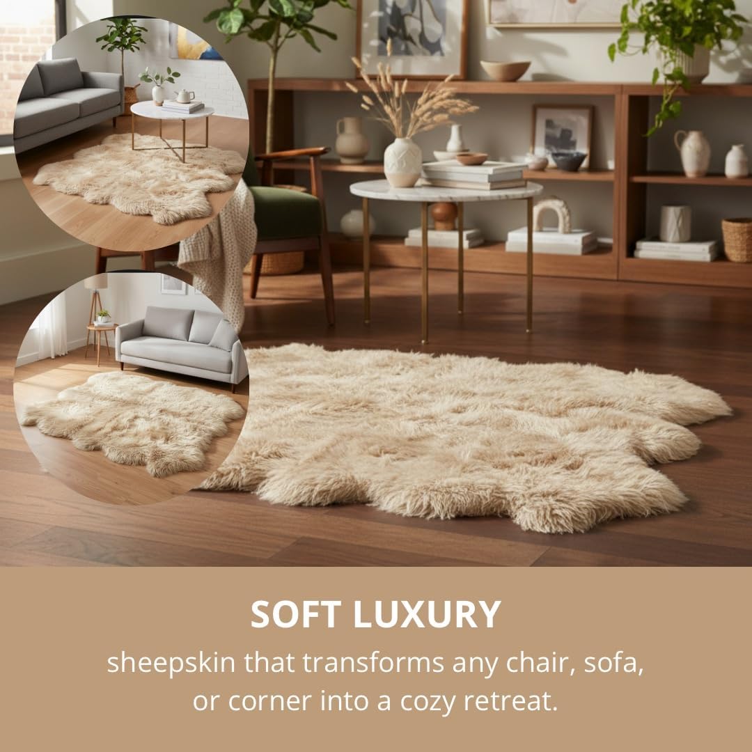 100% Genuine Sheepskin Rug 5x6 Ft – Premium Light Beige Lambskin Area Rug – Soft, Fluffy, Natural Wool – for Bedroom or Living Room – Made in Argentina