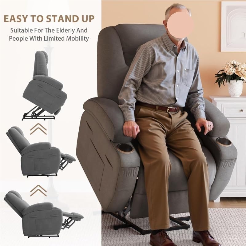 Elderly Ergonomic Power Lift Chair with Cup Holders Side Pockets Remote Control Massage Recliner Chairs for Living Room Bedroom Home Furniture