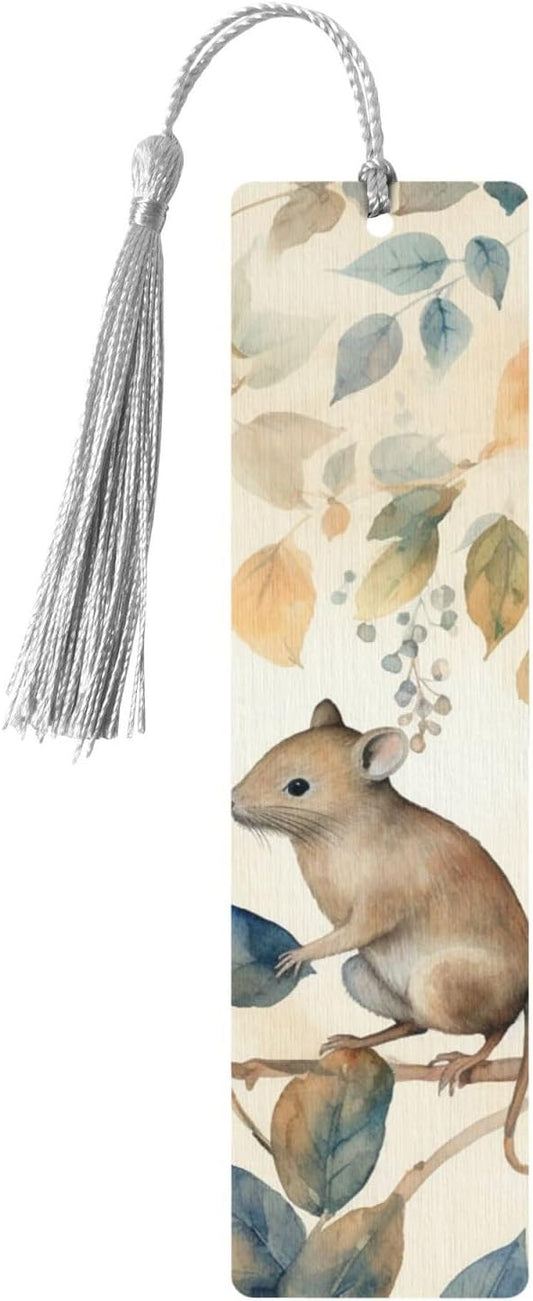 Mice and Leaves Bookmarks Gifts for Women Men, Wooden Bookmarks for Book Lovers, Vintage Book Marks Ornaments with Tassel, Unique Personalized Reading Page Markers Gray