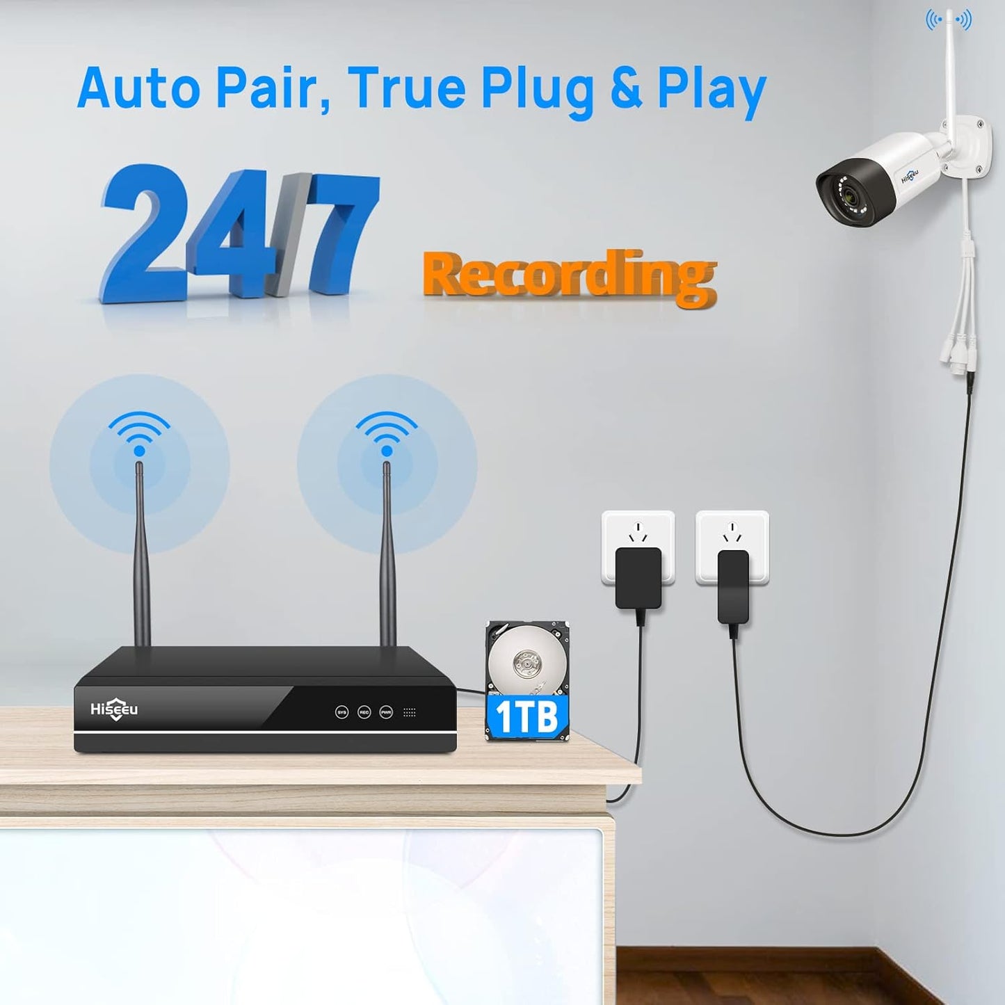 Hiseeu Wireless Security Camera System Outdoor, 3MP WiFi Camera for Home, 16CH WiFi-Pro 8 Cam-Kit, 2-Way Audio, Color Night Vision, IP66 Waterproof, 3TB Storage, 24/7 Recording, No Monthly Fees