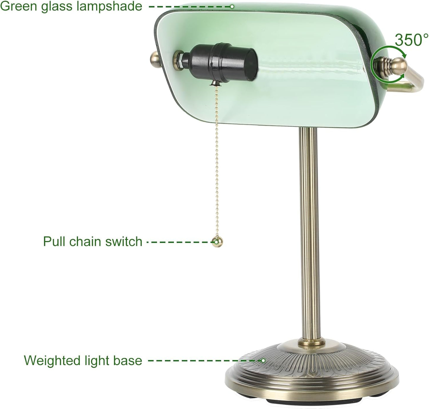 NISSAFORS Bankers Desk Lamp, Green Glass Shade, Vintage Desk Lamp with Pull Chain Switch, Retro Table Lamps for Home Office (Brass+Green, Small)
