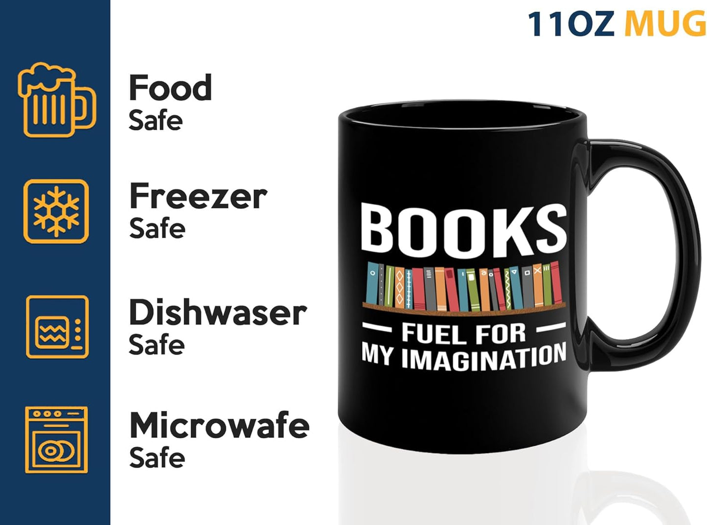 Book Lover Coffee Mug 11oz Black -Fuel for Imagination - Writer Editor Bookish Librarian Bibliophile Bookish Grammar Philosophers