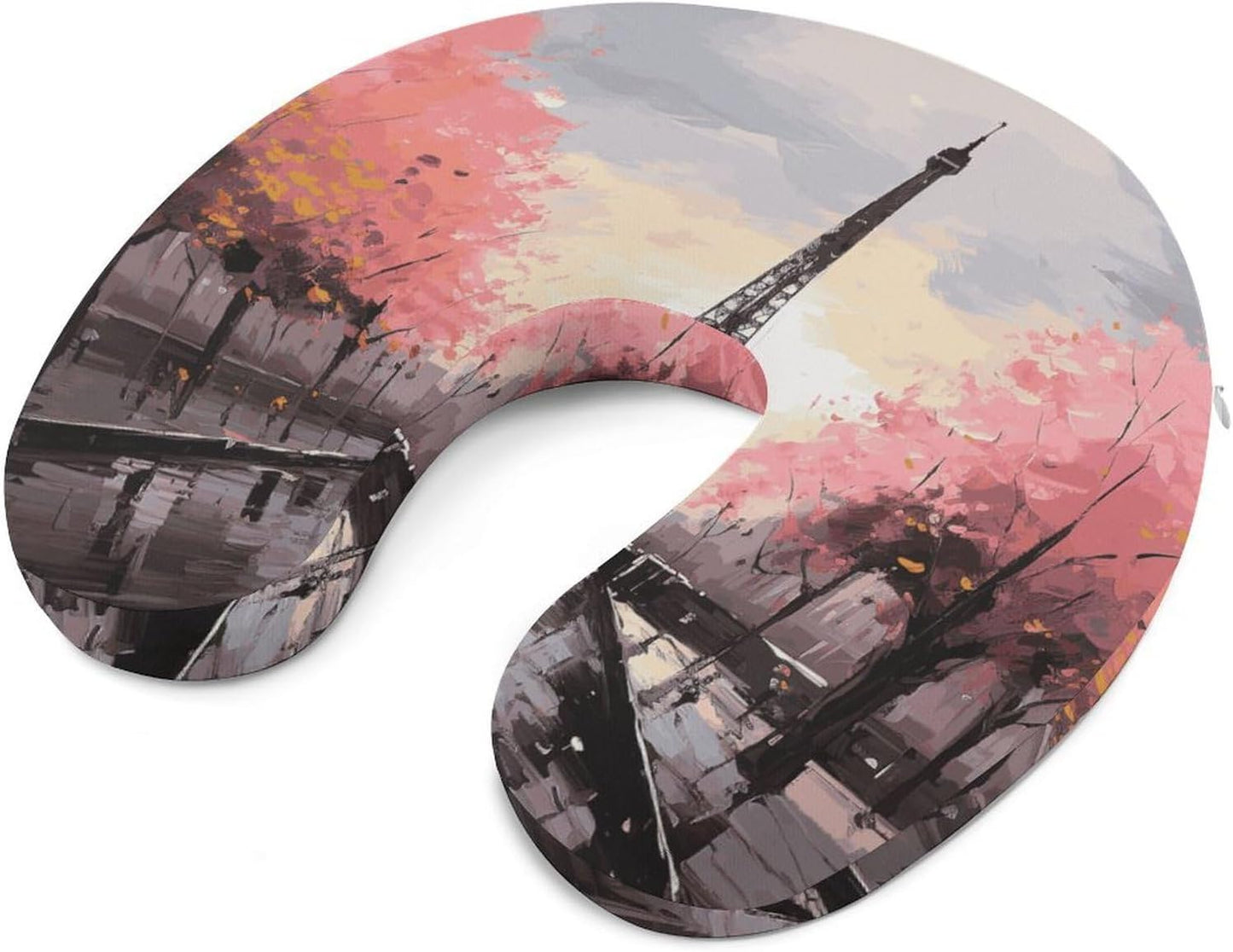 Oil Painting Paris Eiffel Tower Neck Pillow Memory Foam U Shaped Pillows Portable Pillows for Shoulder Travel Head Support Pillow with Concealed Zipper for Airplane Car Home Office