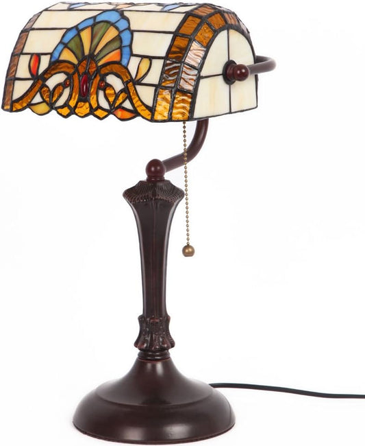 Bieye L10516 Baroque Tiffany Style Stained Glass Banker Table Lamp with 10-inch Wide Lampshade for Working Reading, Table Lamp, 17 inch Tall