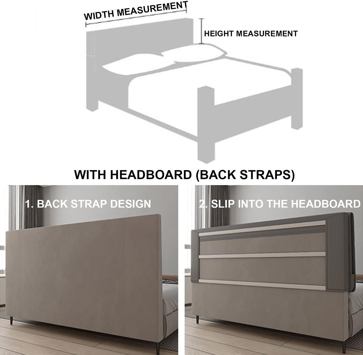 Gray Headboard Pillow with Straps - 63x23x4in, Upholstered Lumbar Support Cushion for Double Bed, Full Size Backrest, Removable Cover for Dorm, Hotel, Daybed. (Green Straps/61x23x4