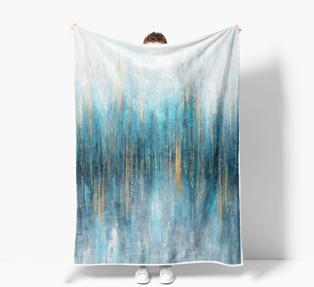 Blue Throw Blanket, Light Blue Fleece Blankets, Turquoise Teal Gold Throw Blankets, Soft Plush Warm Throw for Couch, Bed,Outdoor, Camping Decor, Gifts for Wife, Women, Men, Kids