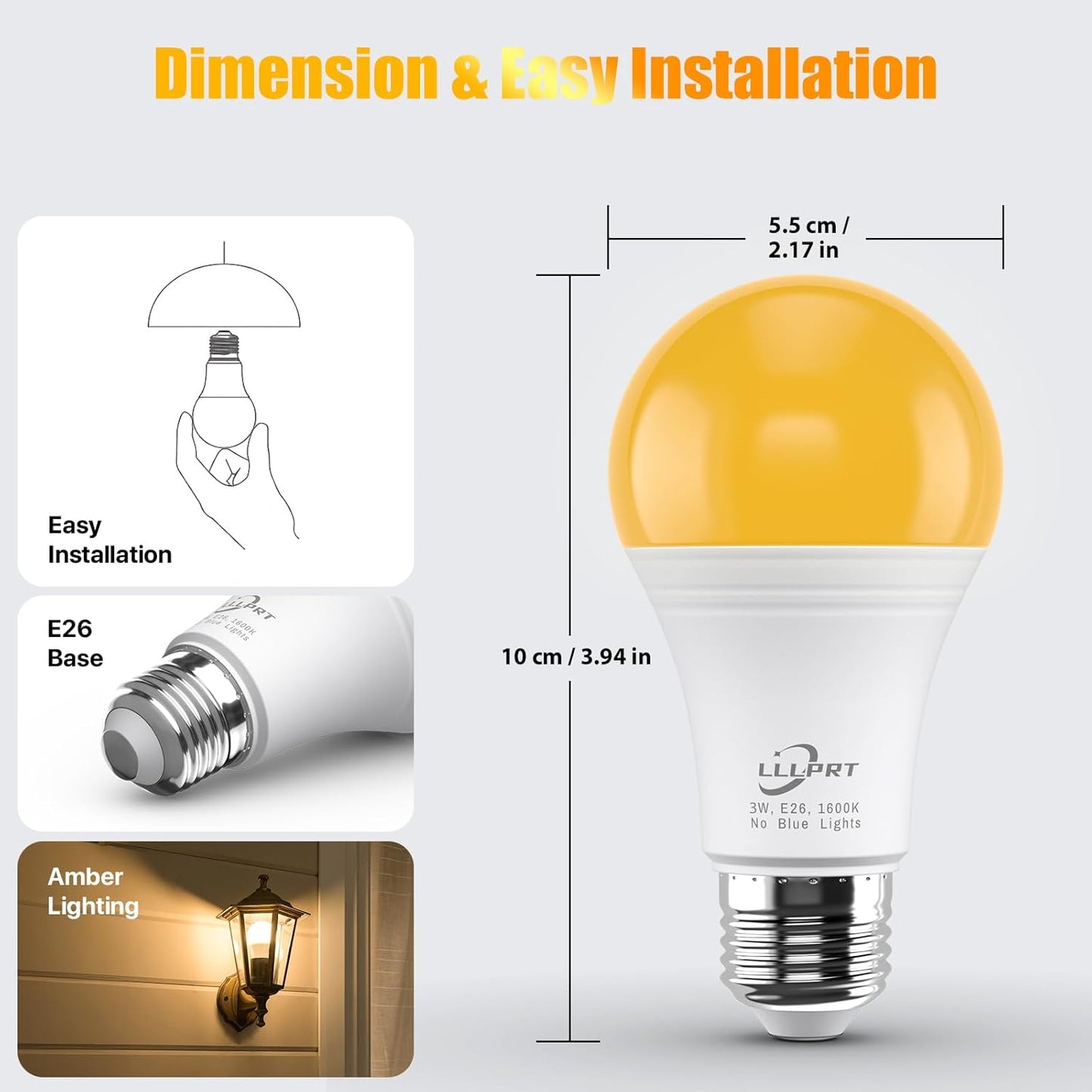 3W Amber Night Light Bulbs, 2 Pack Dimmable LED Warm White 1600K, Sleep Aid, Blue Light Blocking, Energy Saving, E26 Base Soft Light Bulb for Bedroom, Nursery, Mood Light