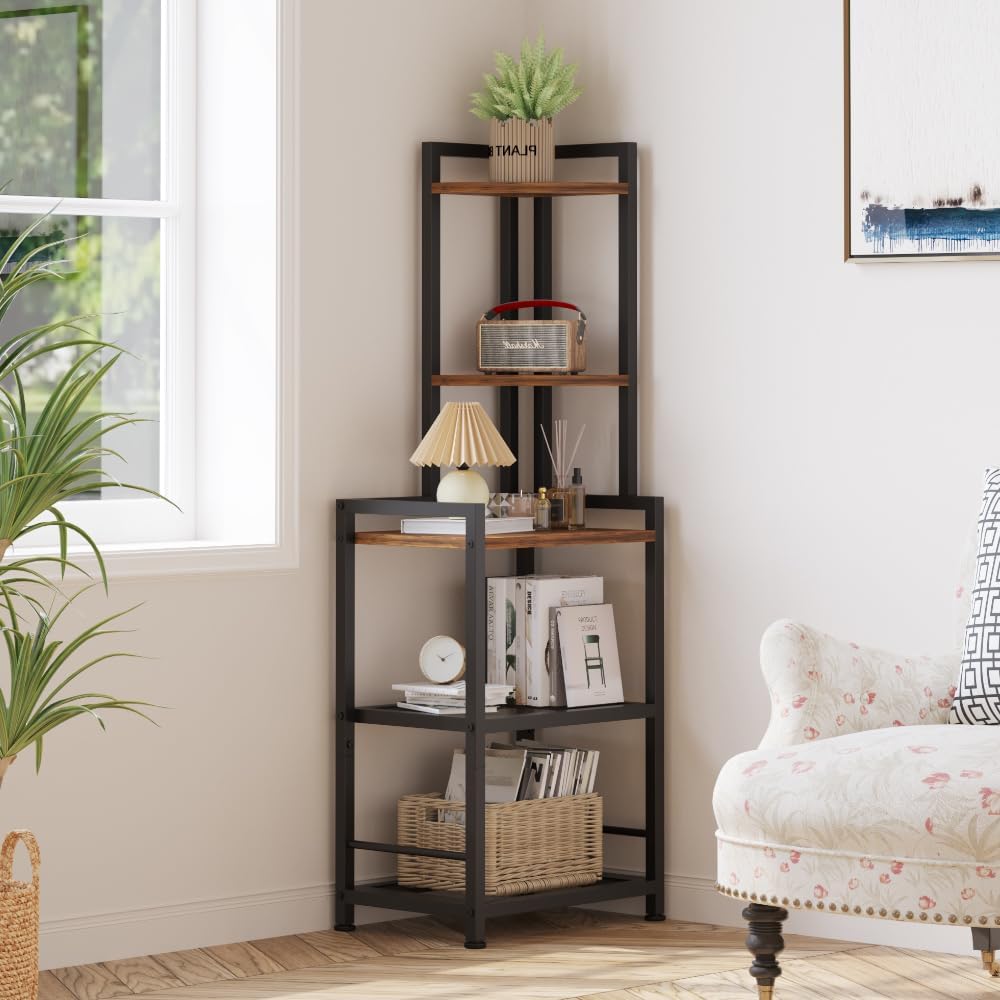 Plant Stand, Corner Shelf Stand, 5-Tier Corner Bookshelf, Tall Standing Storage Shelf Organizer with Metal Frame & Wood Shelves, Plant Stand Indoor for Home Decor, Bedroom, Living Room, Office