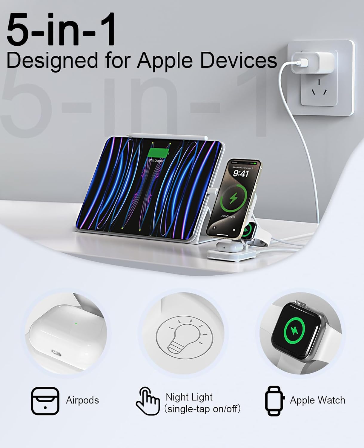 5-in-1 Magnetic Wireless Charging Stand for Apple MagSafe Charger with Night Light for iPhone 17/16/15/14/13/12, Watch, AirPods, Travel Magnetic Charger Nightstand Charging Station (Adapter Included)