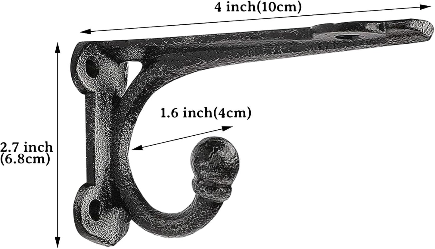 Cast Iron Shelf Brackets 4 Inch, 4 Pack Black Rustic Shelf Brackets with Hooks，Heavy Duty Floating Brackets Wall Mounted, Decorative Brackets for Wood Shelves