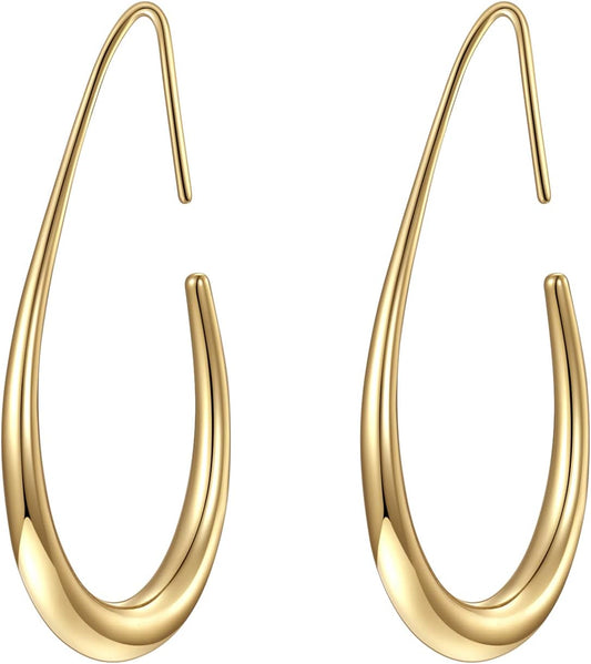 Lightweight Teardrop Hoop Earrings for Women - 14k Gold/White Gold Plated Large Oval Pull Through Hoop Earrings High Polished Statement Jewelry Gift for Women