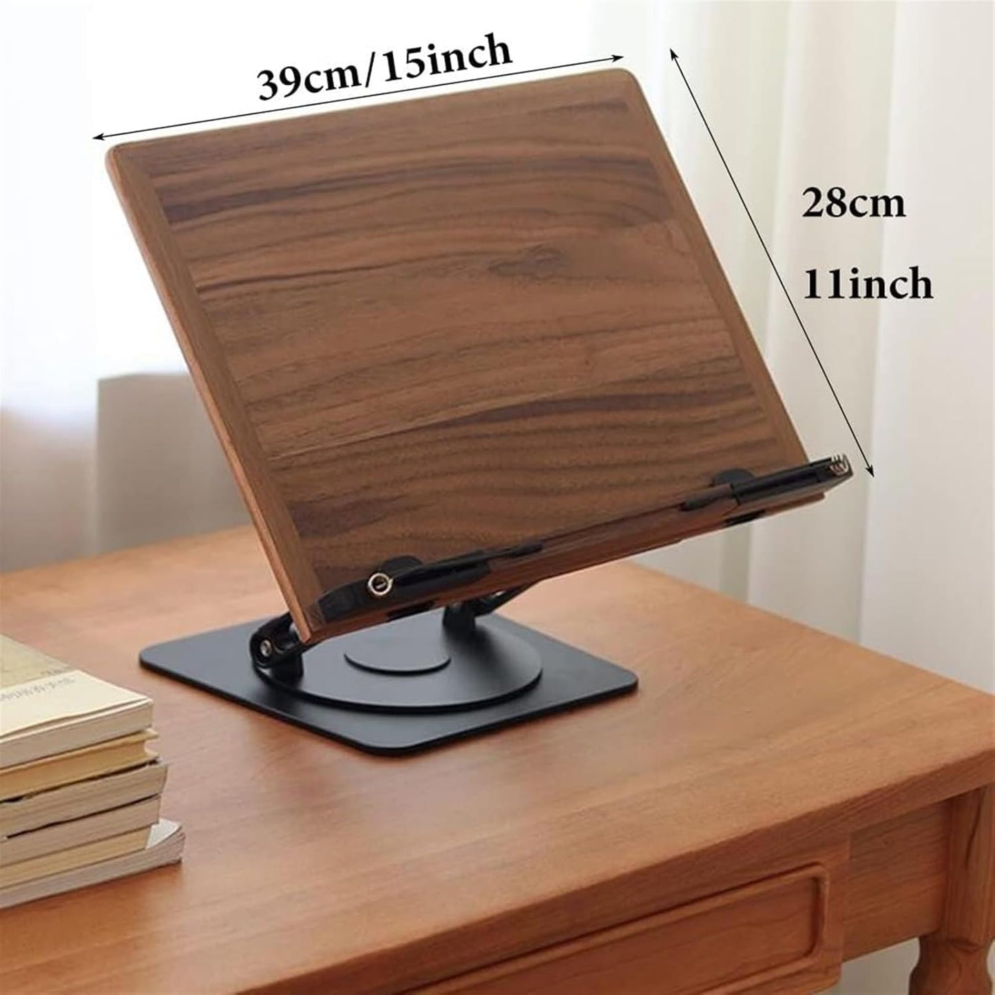 Book Stand Metal Book Holder with Paper Clips for Reading, 360° Rotate Cookbook Holder Stand, Laptop Stand Adjustable Height for Writing, Tablet (Color : Walnut) (Walnut) (Natural)