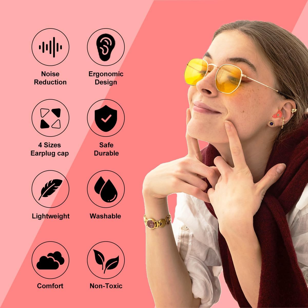 Ear Plugs for Sleeping Ultra-Comfy Silicone Earplugs for Concerts Noise Cancelling Reusable Noise Reduction Earbuds for Travel Focus Work 33-45dB Hearing Protection with 9 Tips & Case (Red)