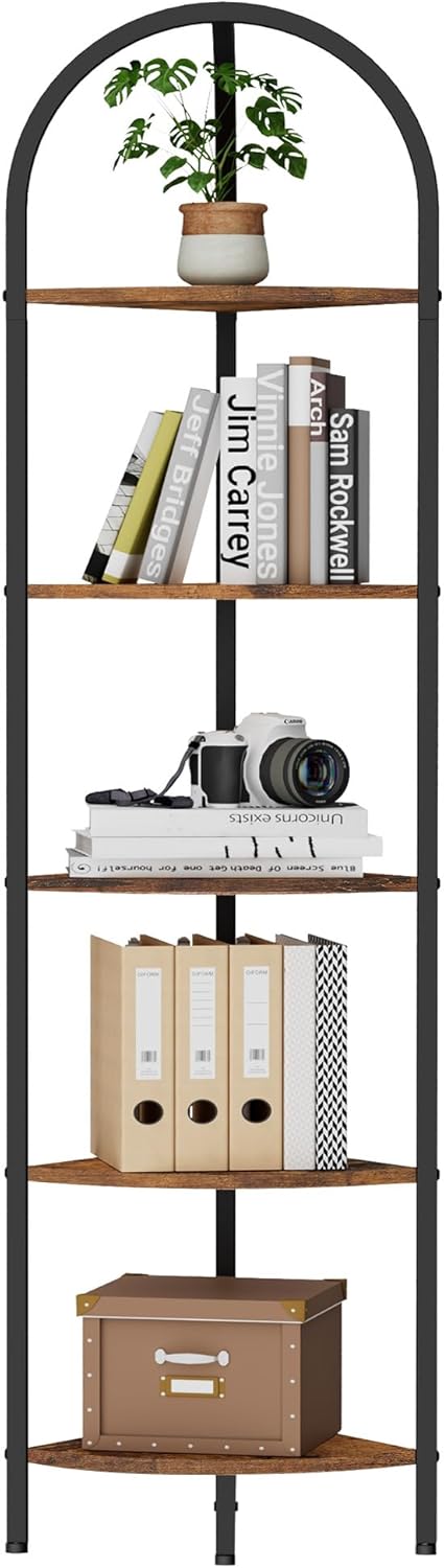 Homhedy 5-Tier Arched Corner Shelf Stand, Wall Corner Bookshelf with Metal Frame, Plant Stand, Industrial Storage Rack Shelf for Living Room, Bedroom, Office, Bathroom, Rustic Brown and Black