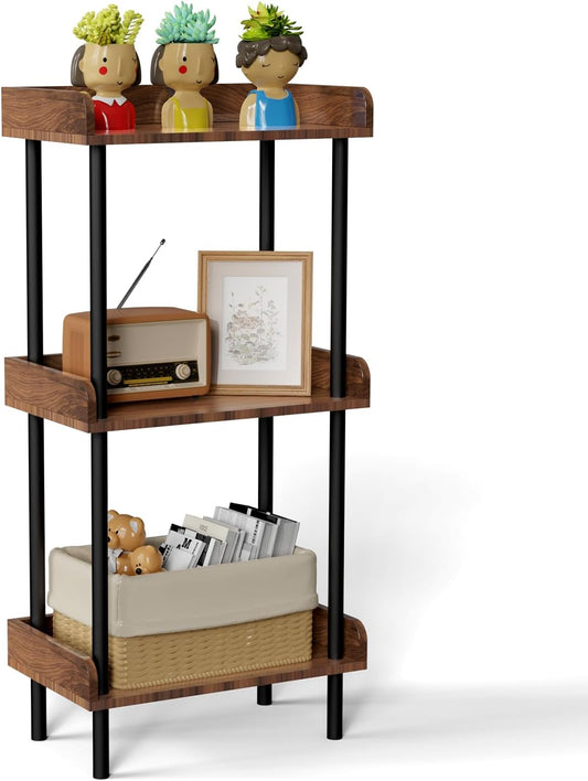 Bookshelf, 3 Tier Bookcase, Industrial Small Book Shelf, Rustic Brown Bookshelf, Metal Display Shelf Storage Organizer for Living Room, Bedroom& Home Office