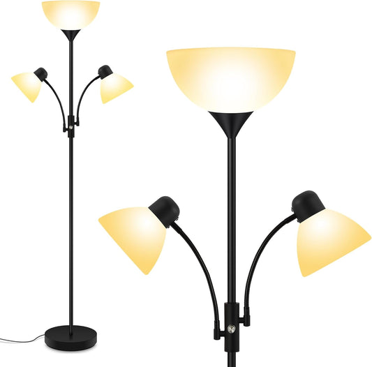 Floor Lamp, Torchiere Floor Lamps for Living Room, 71 Inch Tall Standing Lamp, Bedroom Lamps with Reading Light, Rotary Switch, 3 Plastic Lampshade, Torch Floor lamps for Bedroom (Black, No Bulb)