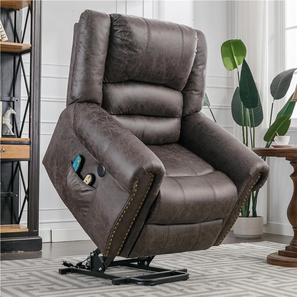 Power Lift Recliner with Heat and Massage – Dual Remote Electric Recliner Chair, PU Leather, USB Charging Ports & Side Storage Pockets for Elderly, Bedroom, Living Room