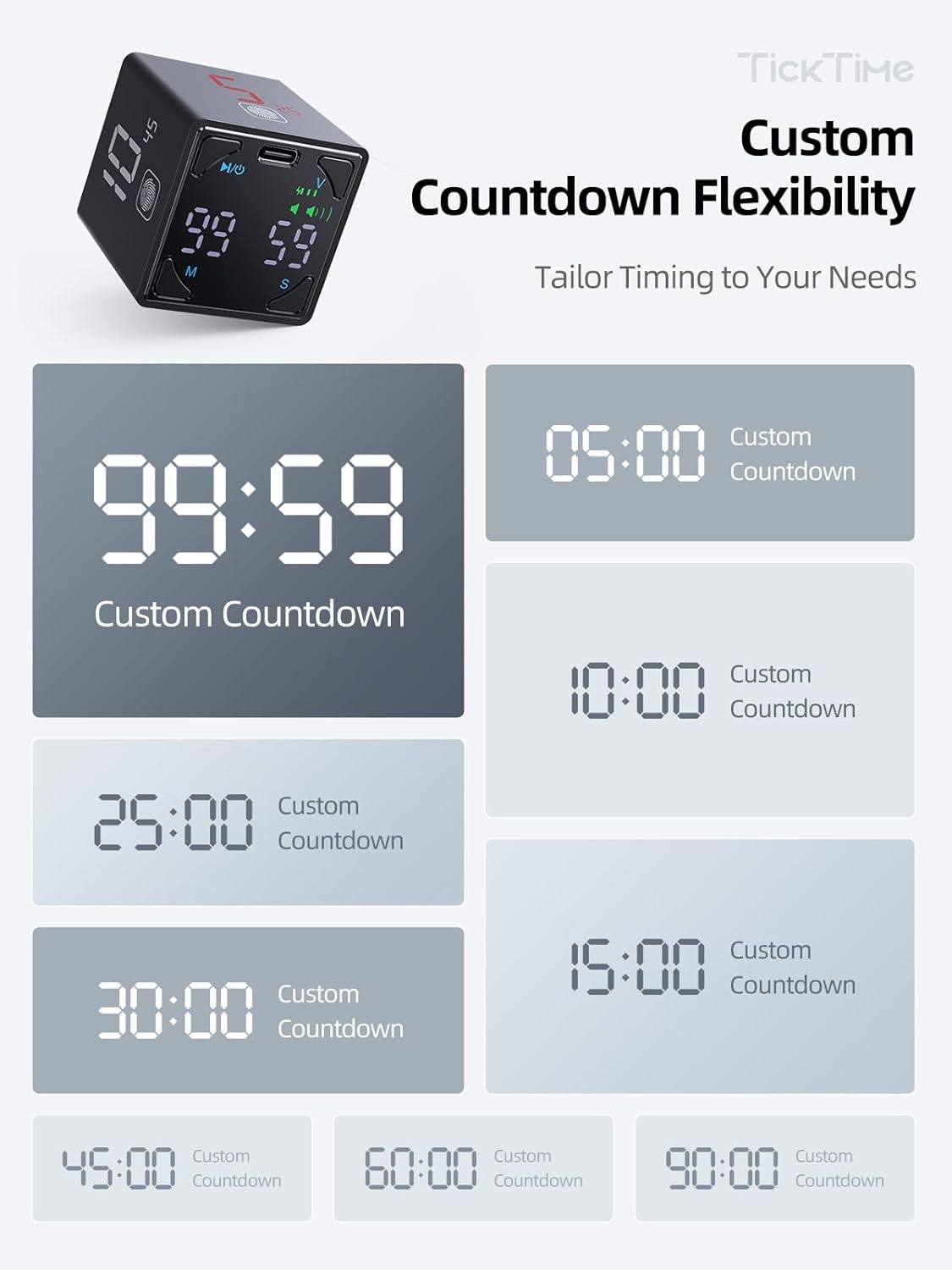 Pomodoro Timer Cube, Productivity Timer, Pause & Resume, Silent, Vibrate & Adjustable Sound Alert, for ADHD, Task, Work, Study, 1/3/5/10/15/25/45/60min & Custom Countdown, Black