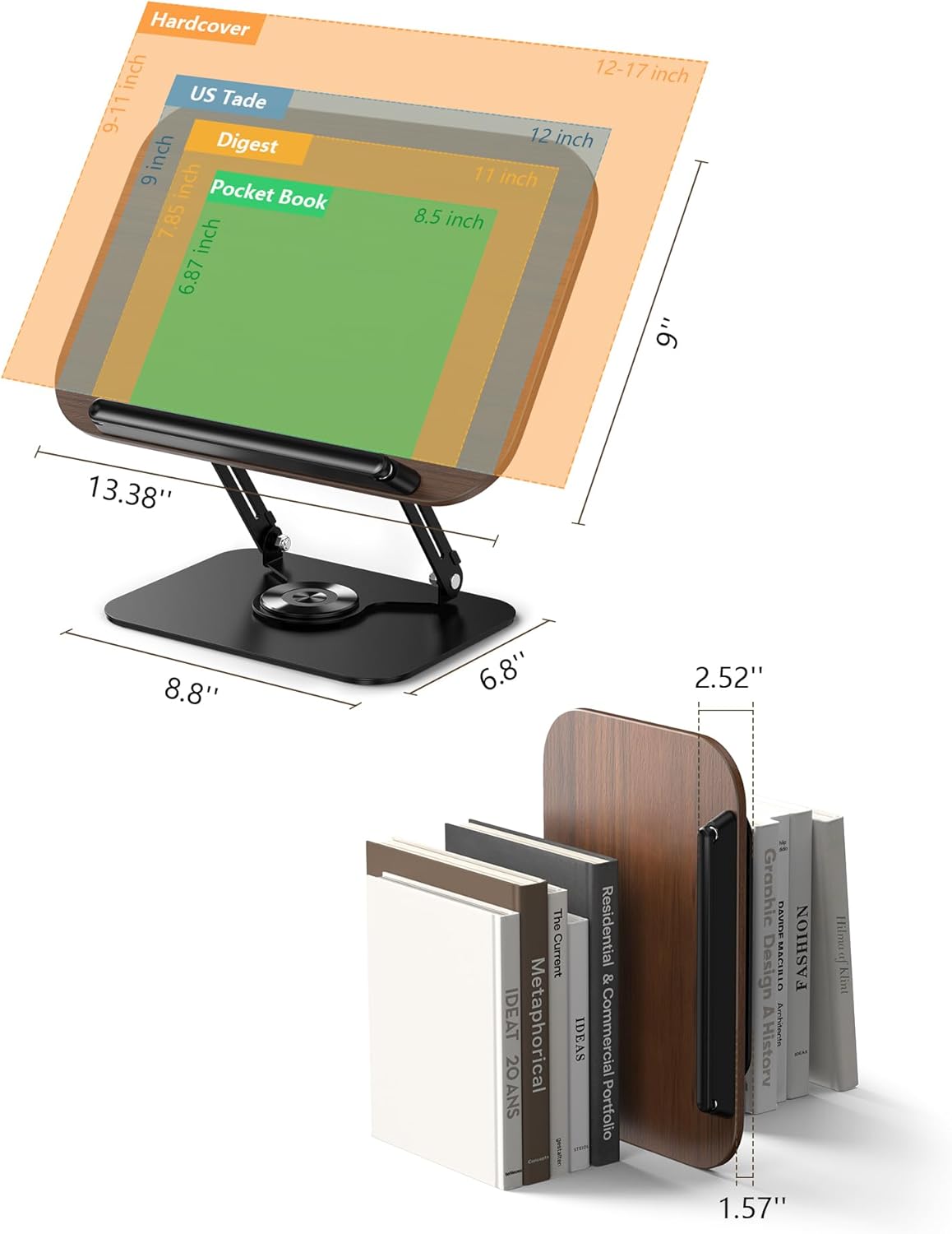 Book Stand for Reading, Adjustable Book Holder with 360° Rotating Base Foldable & Portable Cookbook Stand with Elastic Page Clip for Kindle Office Kitchen Recipe School Textbook Magazine Tablet Laptop