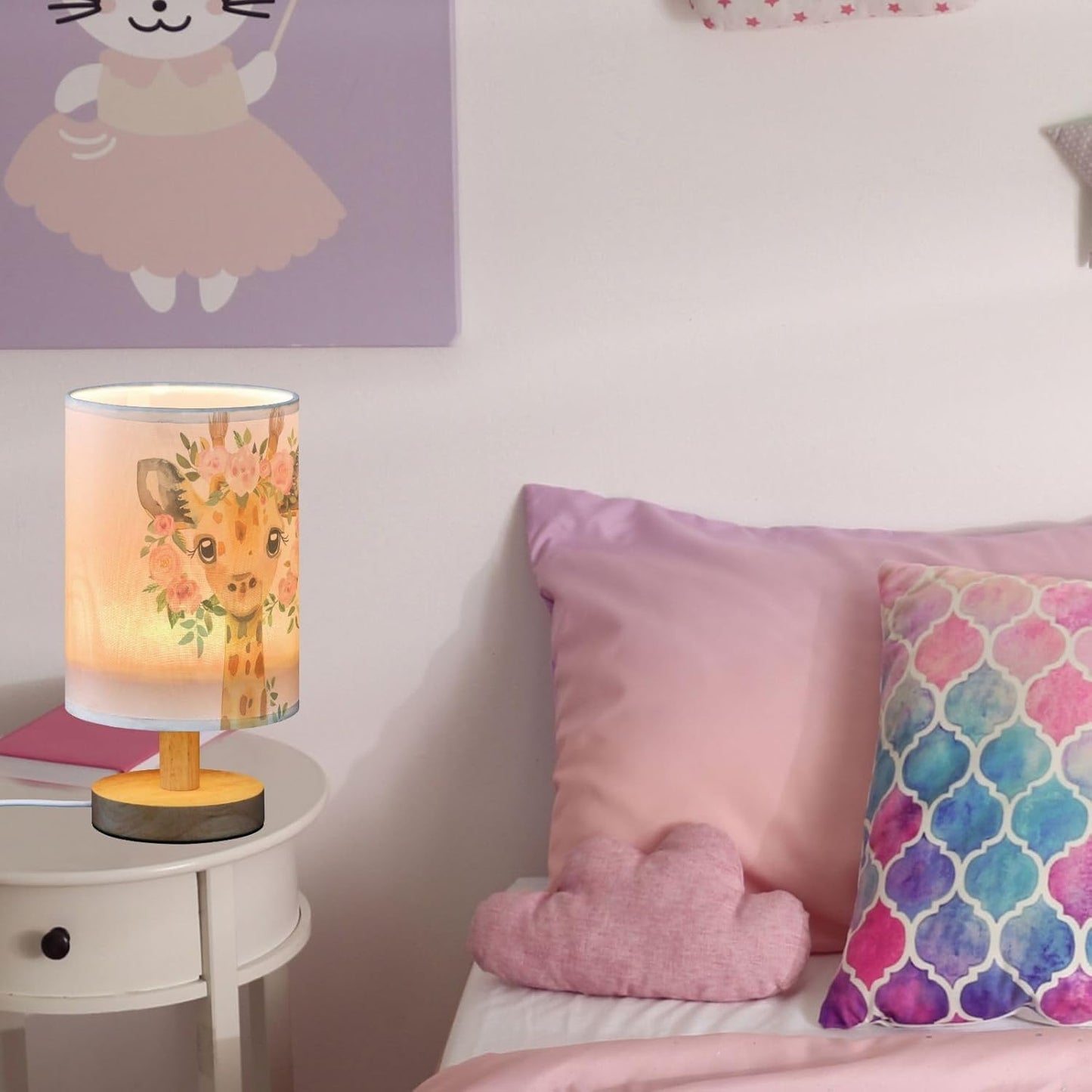 Cute Giraffe with Pink Floral Garland Bedside Table Lamps with USB Port for Bedroom Lamp Accent Table Lamp Small Nightstand Lamp Sturdy Linen Shade Wooden Decorative Lamps for Home|Kids|Holiday